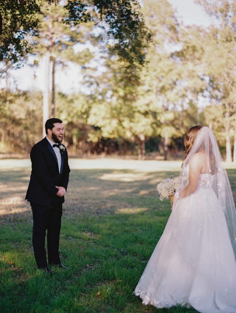 First look bride and groom on a wedding day.