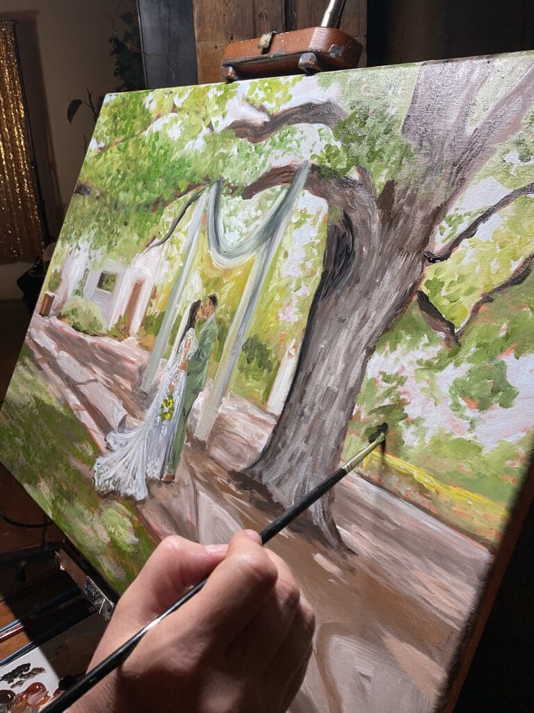 impressionist live wedding painting in progress by artist Laura Herndon at Austin Texas wedding venue Barr Mansion