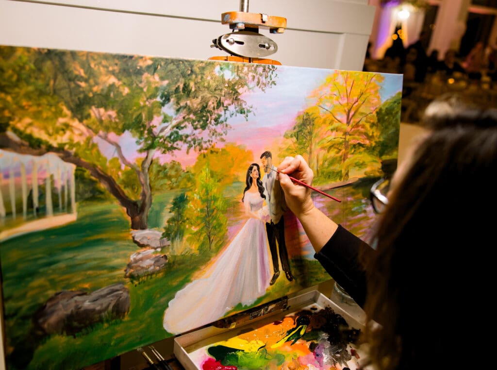 Detailed view of impressionistic live wedding painting in progress, capturing wedding day emotions at  luxury Texas hill country wedding venue, The Preserve.