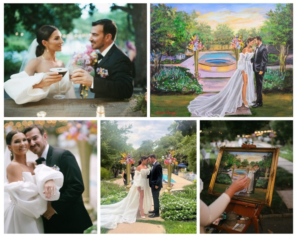 Luxury live wedding painting in Texas Hill Country, artist creating oil portrait during outdoor ceremony.