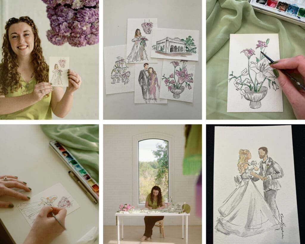 Custom on-site guest portrait painting at a luxury Texas wedding, unique guest favors.
